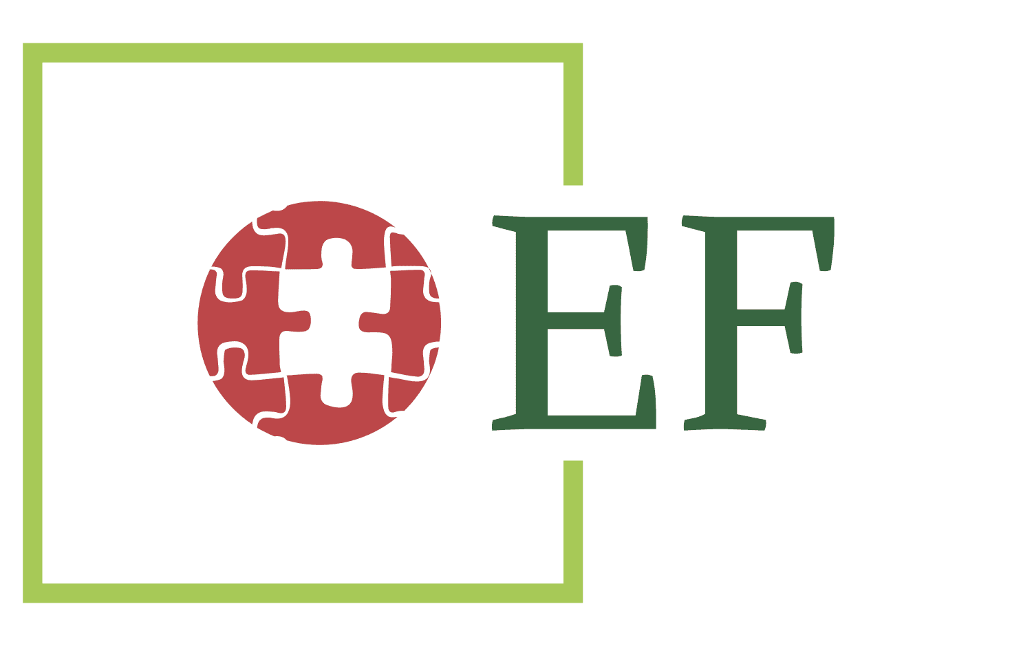 The logo features a red circular puzzle piece with a missing center section, inside a green square frame on a dark tealbackground. To the right of the puzzle piece, the bold green letters 'EF' are displayed.